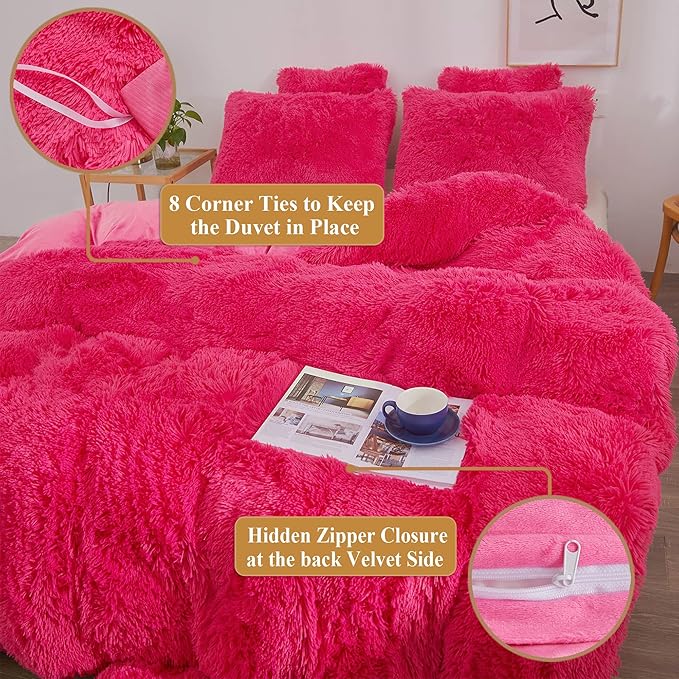 XeGe Plush Shaggy Duvet Cover Set, Luxury Ultra Soft Fluffy Faux Fur Bedding Sets 3 Pieces Velvet(1 Fuzzy Furry Comforter Cover + 2 Faux Fur Pillow Cases), Zipper Closure (Queen, Hot Pink)