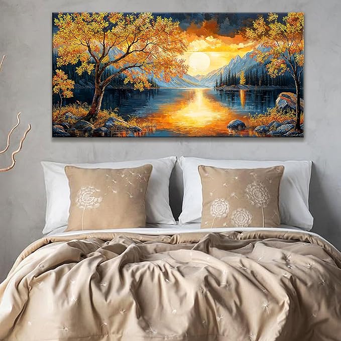 Wall Art For Living Room Canvas Art Wall Decor Modern Wall Art Gold Tree River Sunrise Landscape Painting Print Picture For Bedroom Office Apartment Hotel Home Wall Decoration 24 X 48 In