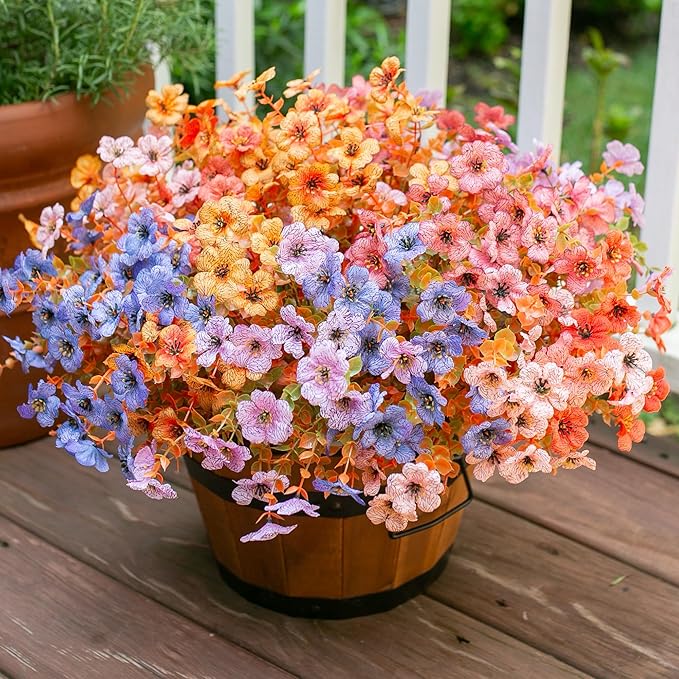 Artificial Fall Flowers Fake Mums for Outdoor Autumn Decoration, 12 Bundles Faux Silk Orange Yellow Mums Daisy Look Real UV Resistant for Outside Home Porch Patio Planter (Fall-6multicolor)