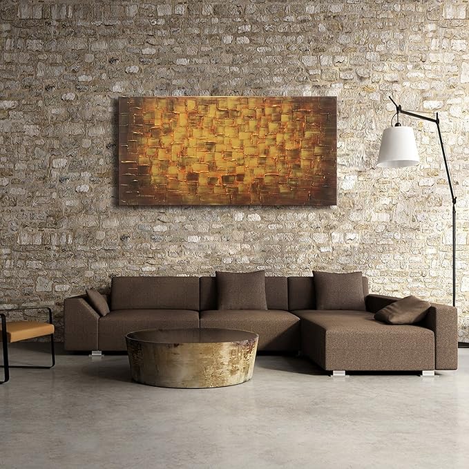 MyArton Textured Abstract Squares Canvas Wall Art Hand Painted Modern Golden Yellow Oil Painting Picture for Home Decoration Ready to Hang 40x20inch