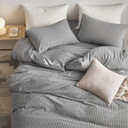 MooMee Striped Duvet Cover Set 100% Washed Cotton Linen Like Textured Breathable Durable Soft Comfy (Dark Grey White Wide Stripes, Cal King 104"x98")
