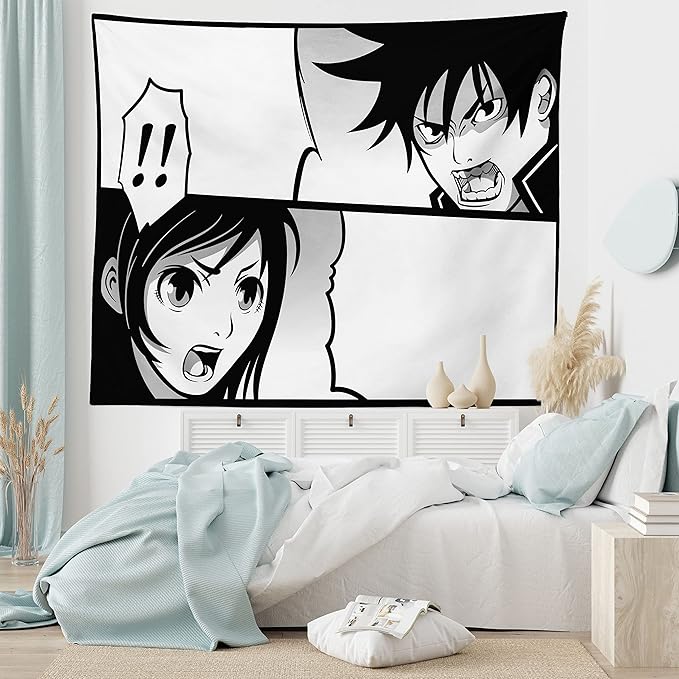 Ambesonne Anime Tapestry, Japanese Comics Strip Boy and Girl Fight Scene Manga Image Cartoon Print, Fabric Wall Hanging Decor for Bedroom Living Room Dorm, 45" X 30", Black White Grey