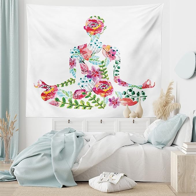 Ambesonne Yoga Tapestry, Silhouette in Lotus Pose with Blooming Watercolor Flowers Green Leaves Body and Mind, Wide Wall Hanging for Bedroom Living Room Dorm, 80" X 60", Blue Pink