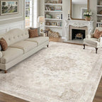 Beige Area Rug 7x10 Washable Living Room Carpet Vintage Non Slip Soft Bedroom Indoor Office Retro Low Pile Thin Oriental Medallion Large Rug for Dining Room Bathroom Playroom