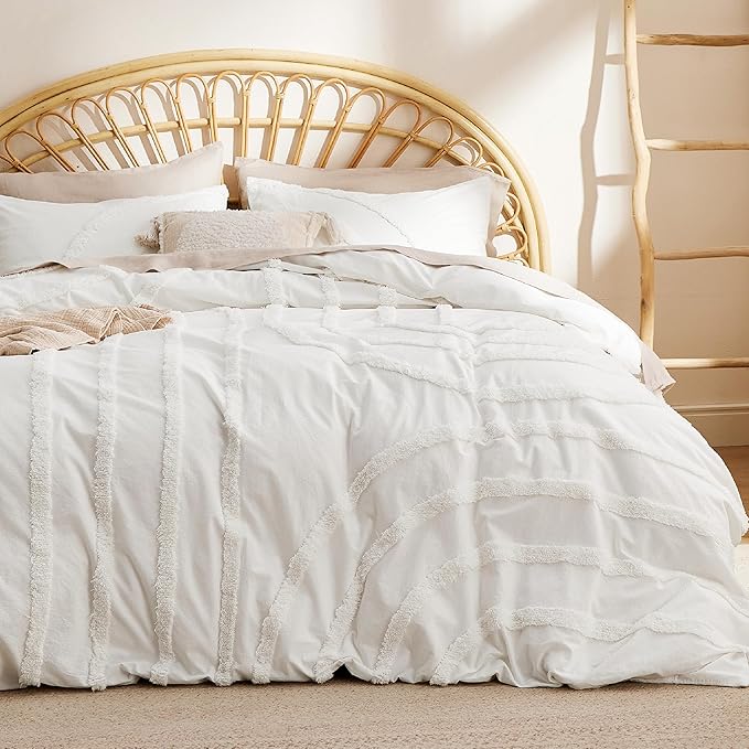 Bedsure Cotton Duvet Cover Queen Size - Tufted Arch Design Duvet Cover Set, 3-Piece Shabby Chic Boho Bedding, Soft and Breathable Bedding Set for All Seasons (Beige, Queen, 90"x90")