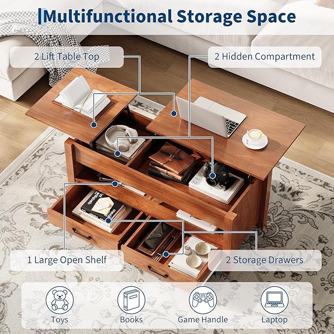 IDEALHOUSE 47.2" Coffee Table with Storage, Multi-Function Lift Top Coffee Table with Wooden Lift Tabletop, 2 Drawers and Hidden Compartment, Central Table for Living Room Home Office, Brown