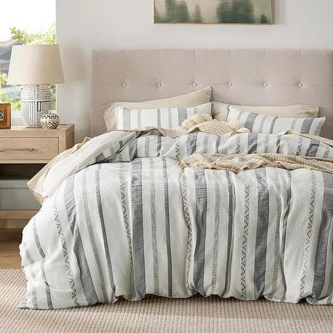 Bedsure Waffle Weave Duvet Cover King - 100% Cotton Boho Duvet Cover with 2 Pillowcases - Cream White Textured Comforter Cover with Zipper Closure (King, 104"x90")