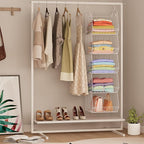 5 Tier Closet Hanging Organizer, Clothes Hanging Shelves with 4 Hanging Hooks 5 S Hooks, Wire Storage Basket Bins, for Clothing Sweaters Shoes Handbags Clutches Accessories Patent Design-White