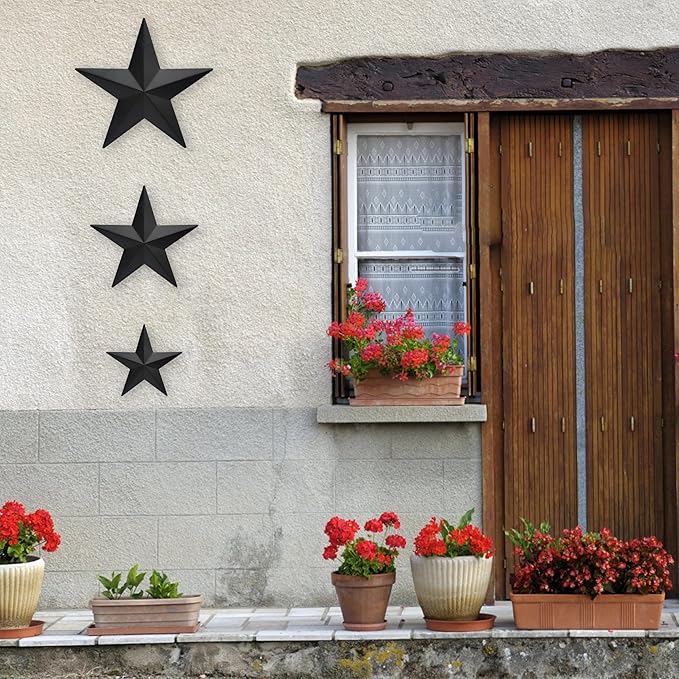 JoyEvy 6" 9”12"（3pieces Black Barn Star Wall Decor,Metal Stars Rustic Vintage Western Country Farmhouse Home Indoor or Outdoor Wall Decoration,Texas Stars for House Art Décor