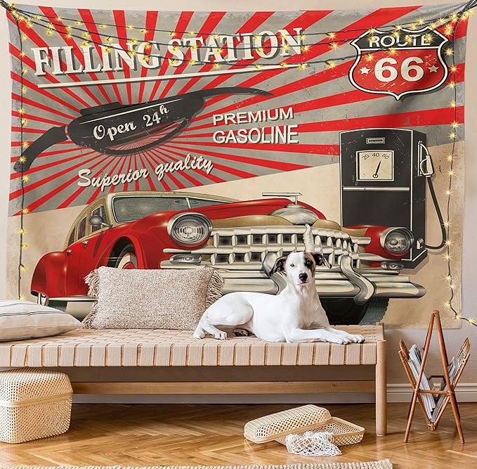 Ambesonne Cars Tapestry, Poster Style Image Gasoline Station Commercial Element Route 66 IllustrationPrint, Fabric Wall Hanging Decor for Bedroom Living Room Dorm, 45" X 30", Vermilion Beige