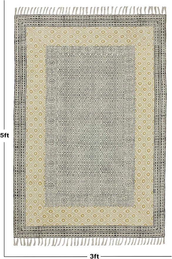 Kilim Rug 2x3 Area Rug Beige & Black Cotton Dhurrie Oriental Thick 0.19 inches Stone Easy Washable Rug Hand Wash Cotton Carpet Flatweave Rug Indoor Outdoor Rugs for Kitchen, Bedside, Enterway