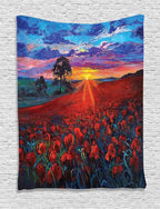 Ambesonne Country Tapestry, Clouds at Sunset Paint Scenery of Poppy Flower Garden on Valley with Horizon, Wall Hanging for Bedroom Living Room Dorm Decor, 40" X 60", Burgundy Deep Sky Blue
