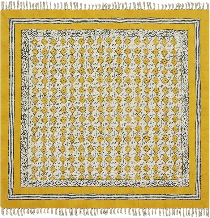 Area Rug 8' Square Rug Yellow & Beige Cotton Dhurrie Oriental Thick 0.19 inches Stone Easy Washable Rug Hand Wash Cotton Carpet Flatweave Rug Indoor Outdoor Rugs for Hall Room, Dining Room