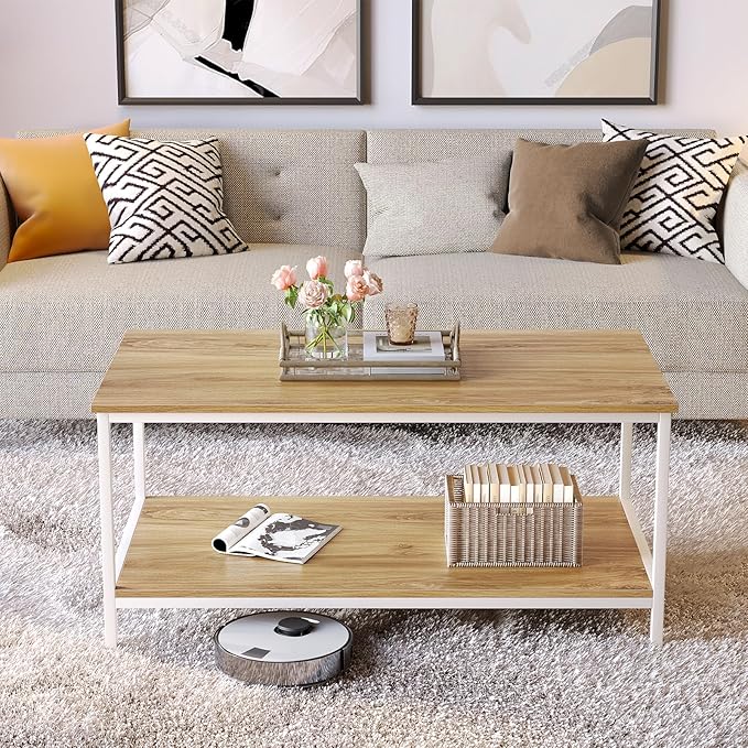 SAYGOER Coffee Table with Storage 2-Tier Industrial Center Table for Living Room, Rectangle Wood Table for Small Spaces Apartment Home Office, Beige White
