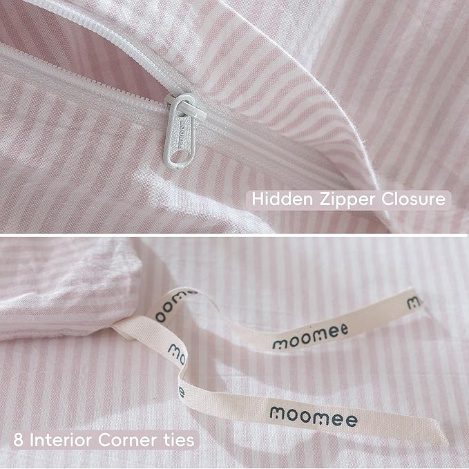 MooMee Striped Duvet Cover Set 100% Washed Cotton Linen Like Textured Breathable Durable Soft Comfy (Heathered Greyish Pink Pinstripes, King 104"x90")