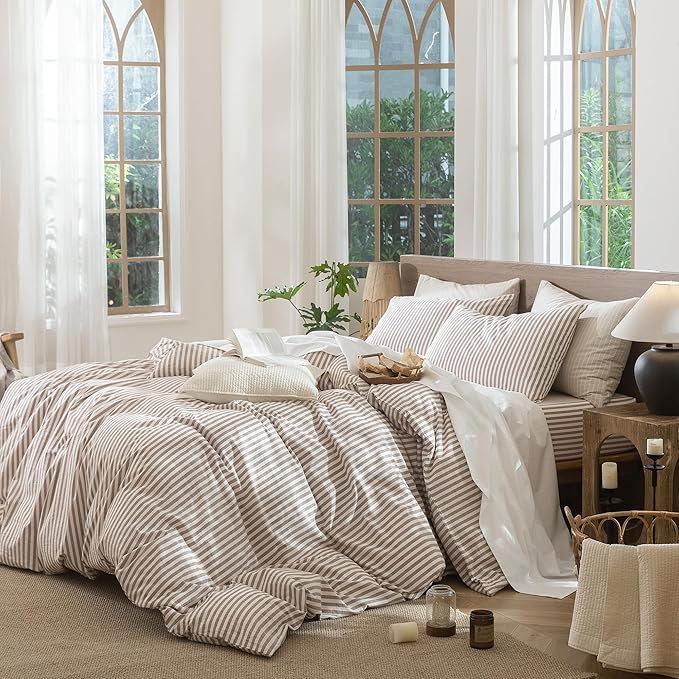 MooMee Striped Duvet Cover Set 100% Washed Cotton Linen Like Textured Breathable Durable Soft Comfy (Orange Classic Stripes, Twin 68"x90")