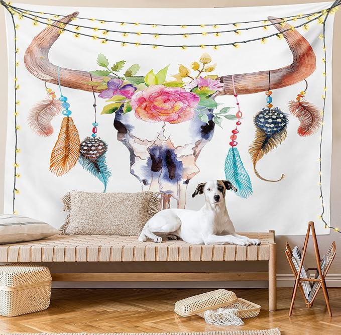 Ambesonne Feather Tapestry, Watercolor Style Bull Skull Ornaments Vibrant Image, Wall Hanging for Bedroom Living Room Dorm Decor, 40" X 60", White Brown