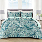 Whale Flotilla Reversible Printed Quilts Queen Size, Extra Soft Boho Paisley Floral Bedspreads for Bed Lightweight Full Queen Quilt Bedding Set Coverlets with 2 Pillow Shams for All Seasons, Turquoise