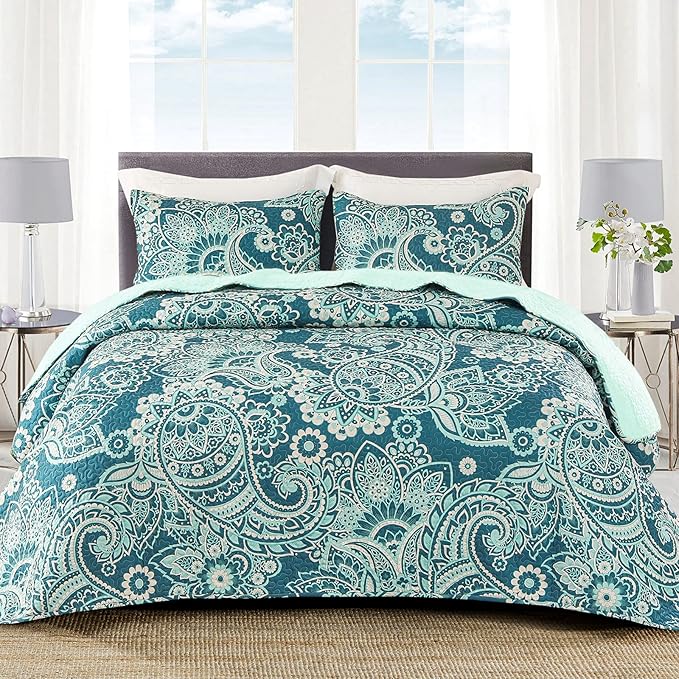 Whale Flotilla Reversible Printed Quilt King Size, Extra Soft Boho Paisley Floral Bedspreads for Bed Lightweight King Quilt Bedding Set Coverlets with 2 Pillow Shams for All Seasons, Turquoise