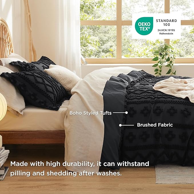 Bedsure Boho Duvet Cover King Size, Soft & Comfortable Elegant Design Boho Bedding for Decoration, Machine Washable Comforter Cover for All Seasons,Includes 1 Duvet Cover & 2 Pillow Shams,Black