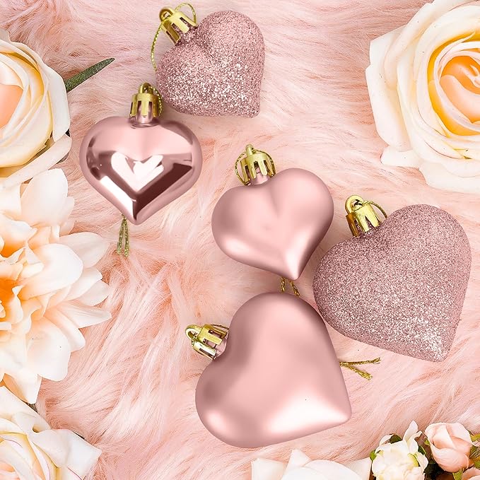 48PCS Valentines Day Heart Ornaments, Rosegold Shaped Ornaments, 2 Sizes Hanging Decorations, Glossy Baubles for Valentine's Day Wedding Anniversary Party Decor