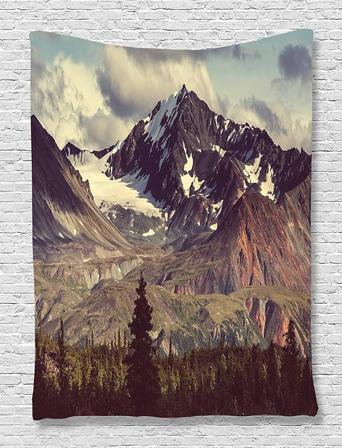 Ambesonne Alaska Mountains Tapestry, Arctic Landscape Hiking Alaska Mountains Scenery in USA Wilderness, Wall Hanging for Bedroom Living Room Dorm Decor, 40" X 60", Green Black White
