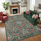 GarveeHome Green Vintage Floral Washable Rugs 5x7 for Living Room Boho Botanical Retro Rug Low Pile Stain Resistance Non Slip Carpet for Bedroom Nursery Dining Room