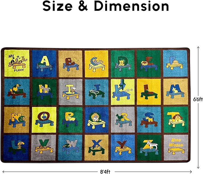 SAFECASTLE My ABC Place Earth Tone Alphabet Rug for Kids, 6'6" x 8'4", Educational Classroom Kids Carpet with Letters & Animals, Preschool Learning Area Rug for Daycare, Homeschool & Playroom