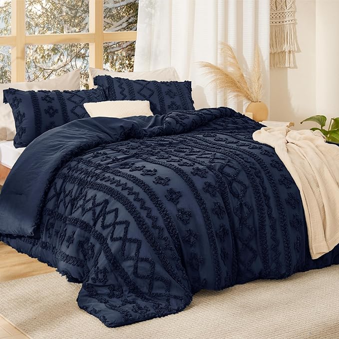 Bedsure Tufted Boho Comforter Set Twin Size - Navy Boho Bed Set, GentleSoft™ 2 Pieces Farmhouse Shabby Chic Embroidery Bedding, Gifts for Woman, Soft Jacquard Twin Comforter for All Seasons