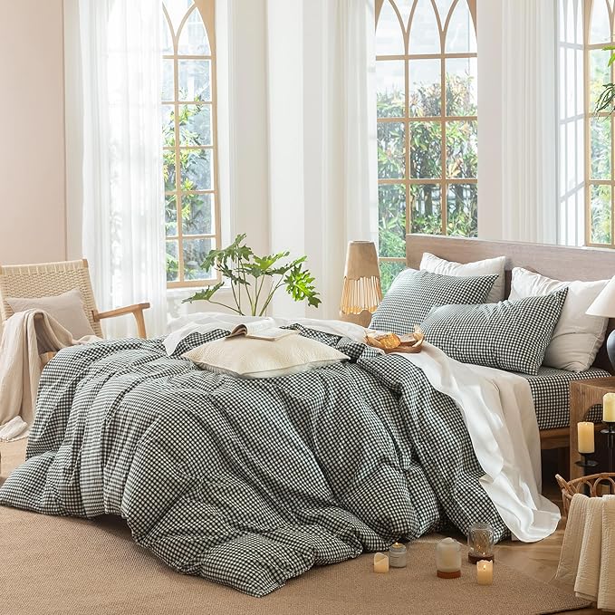 MooMee Gingham Duvet Cover Set 100% Washed Cotton Linen Like Textured Breathable Durable Soft Comfy Modern Checkered Design (Mini Gingham Forest Green, Twin 68"x90")