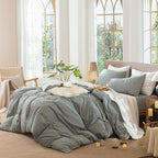 MooMee Gingham Duvet Cover Set 100% Washed Cotton Linen Like Textured Breathable Durable Soft Comfy Modern Checkered Design (Mini Gingham Forest Green, Palatial King/Oversized King 120"x98")