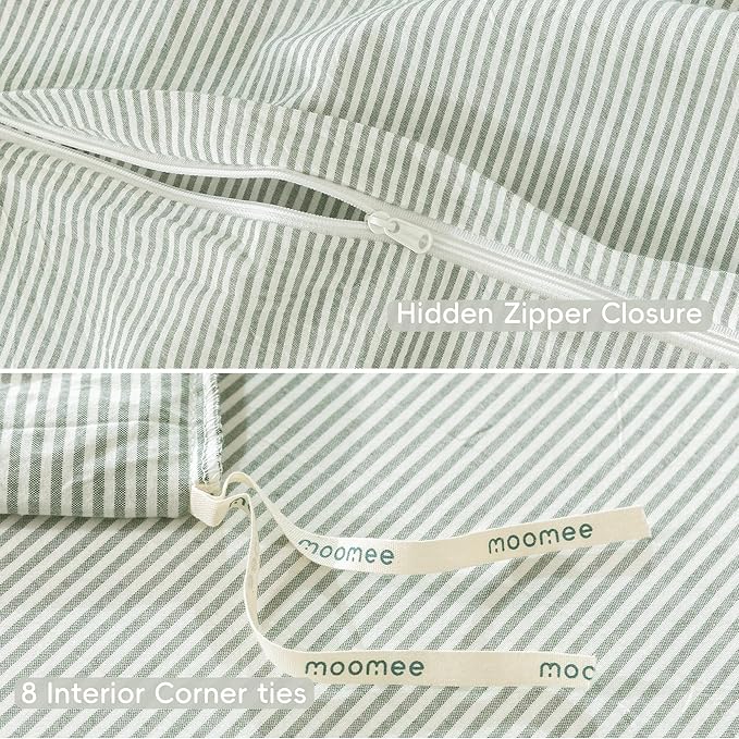 MooMee Striped Duvet Cover Set 100% Washed Cotton Linen Like Textured Breathable Durable Soft Comfy (Sage Green White Pinstripes, King 104"x90")