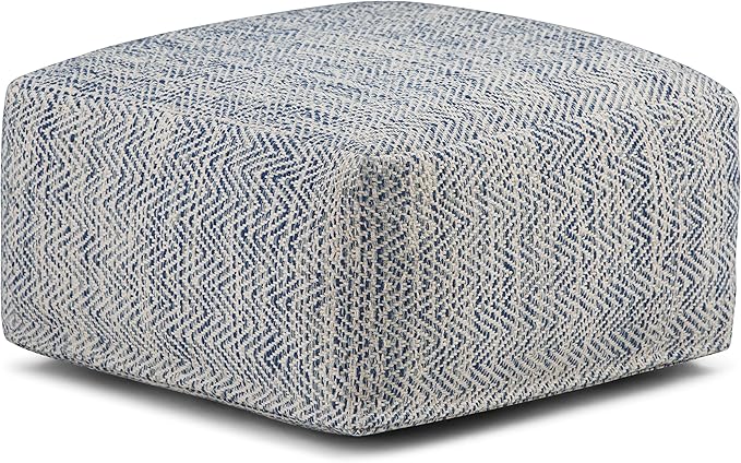 SIMPLIHOME Nate Square Pouf - 20 inch Wide Upholstered Handwoven Cotton Ottoman in Patterned Denim Melange, Boho Footstool or Extra Seating for Living Room with Artisanal Texture, Assembled