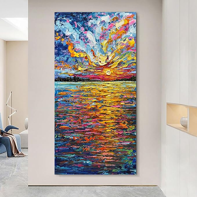 Art Hand-Painted Sea Sunrise Landscape Painting Modern Abstract Oil Painting Large Canvas Art Living Room Bedroom Corridor Wall Decoration Painting 48x24 inches