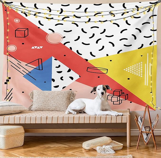 Ambesonne Abstract Tapestry, Modern Geometric Trippy Triangles Cubes Circles Rollers Dots Print, Wide Wall Hanging for Bedroom Living Room Dorm, 80" X 60", Coral Pink