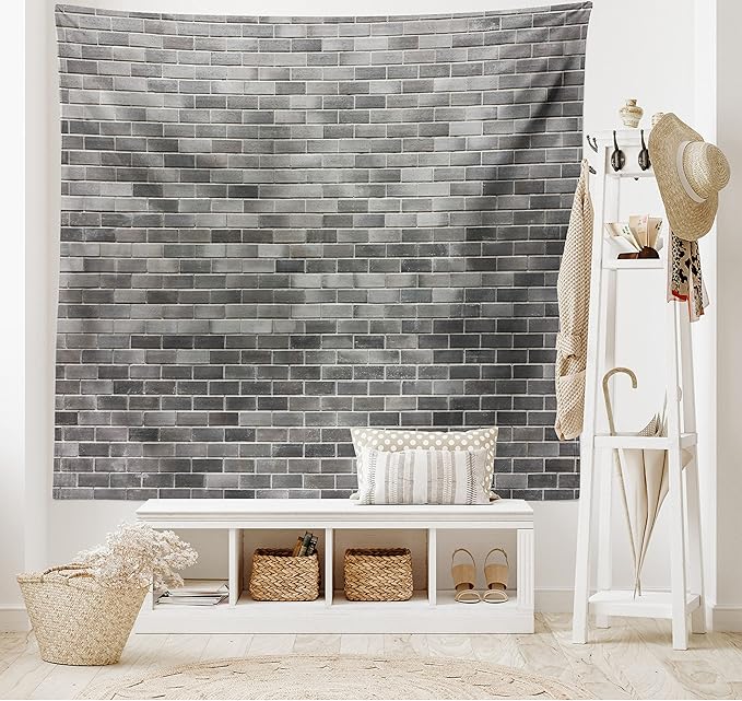Ambesonne Grey and White Tapestry King Size, Modern Brick Wall Tiles Urban Construction Architecture Building Town Art Picture, Wall Hanging Bedspread Bed Cover Wall Decor, 104" X 88", Grey