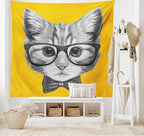 Ambesonne Animal Tapestry, Sketchy Hand Drawn Design Hipster Cat Kitten Glasses Image Print, Wide Wall Hanging for Bedroom Living Room Dorm, 60" X 40", Grey Mustard