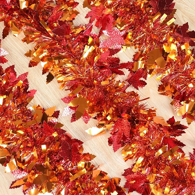 Fall Maple Leaves Garland Decorations,50Ft Glitter Tinsel Leaf Thanksgiving Decor for Tree Autumn Mantle Bedroom Office Classroom Party Indoor Outdoor Holiday Home Orange