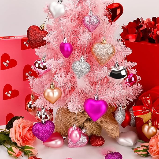 60 PCS Heart Shaped Ornaments, Romantic Glitter Hanging Baubles Decorations, Red Pink Glossy Ornaments Bulk for Valentine's Day Wedding Party Home Decor