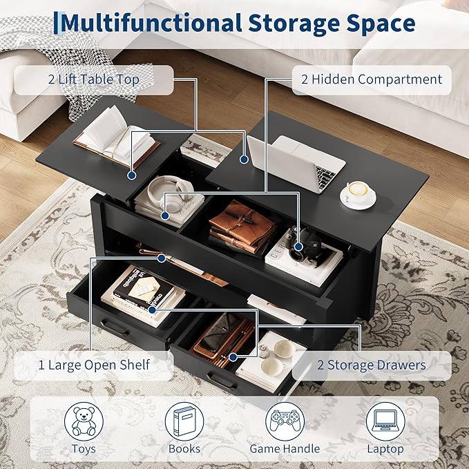 IDEALHOUSE 47.2" Coffee Table with Storage, Multi-Function Lift Top Coffee Table with Wooden Lift Tabletop, 2 Drawers and Hidden Compartment, Central Table for Living Room Home Office, Black