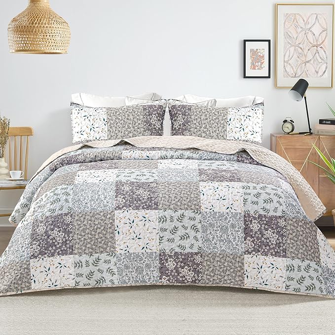 Whale Flotilla Patchwork Quilt King Size, Extra Soft Boho Floral Bedspreads for Bed Reversible Lightweight King Quilt Bedding Set Printed Coverlets with 2 Pillow Shams for All Seasons, Grey