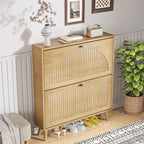 Shoe Storage Cabinet for Entryway with 2 Flip Drawers, Narrow Wood Shoe Cabinet with Fluted Panel, Freestanding Hidden Shoe Organizer for Foyer, Hallway (Wood Color - No Shelf)