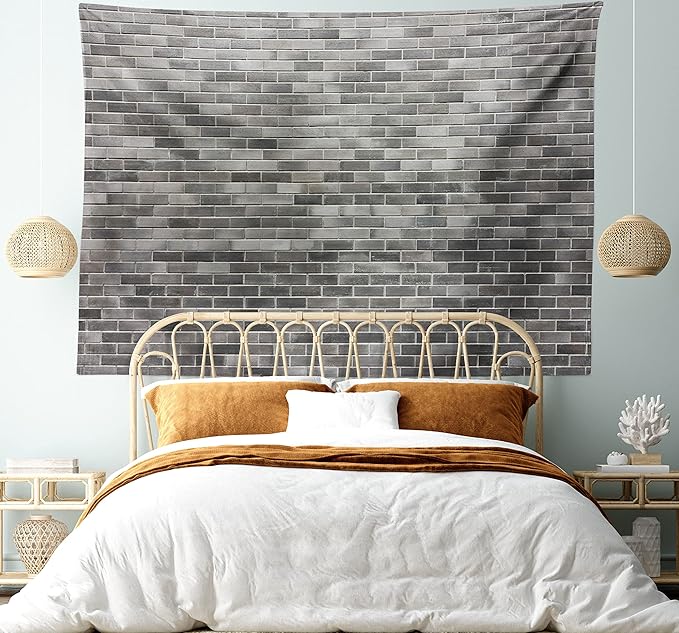 Ambesonne Grey and White Tapestry King Size, Modern Brick Wall Tiles Urban Construction Architecture Building Town Art Picture, Wall Hanging Bedspread Bed Cover Wall Decor, 104" X 88", Grey