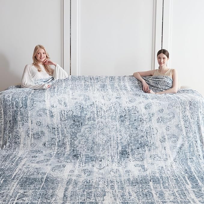 Oversized Vintage Pattern Blanket 120x120 Inches, Giant 10'x10' for Bed, Travel, and Camping, Extra Large Soft Blanket for The Whole Family and Outdoor, Light Grey