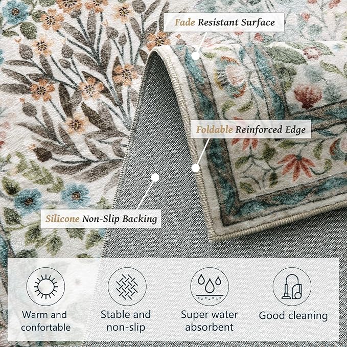 Washable Area Rug 6x9 - Oriental Vintage Dining Room Rug for Living Room, Bedroom, Kids Playroom & Baby Nursery - Low Pile, Non-Slip, Lightweight & Stain Resistant