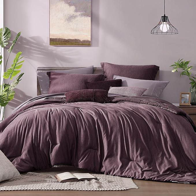 Monbix California King Comforter Set - 7 Pieces Cationic Dyeing Italian Plum Bed in a Bag Cal King Bed Sets with Comforter, Sheets, Pillowcases & Shams, Reversible Bedding Comforters Sets