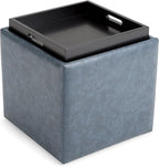 SIMPLIHOME Rockwood Cube Storage Ottoman with Tray - 17 inch Wide Upholstered Vegan Leather Square Storage Ottoman in Denim Blue, Contemporary Cube Ottoman for Living Room with Serving Tray