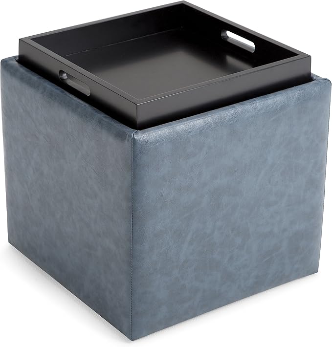 SIMPLIHOME Rockwood Cube Storage Ottoman with Tray - 17 inch Wide Upholstered Vegan Leather Square Storage Ottoman in Denim Blue, Contemporary Cube Ottoman for Living Room with Serving Tray