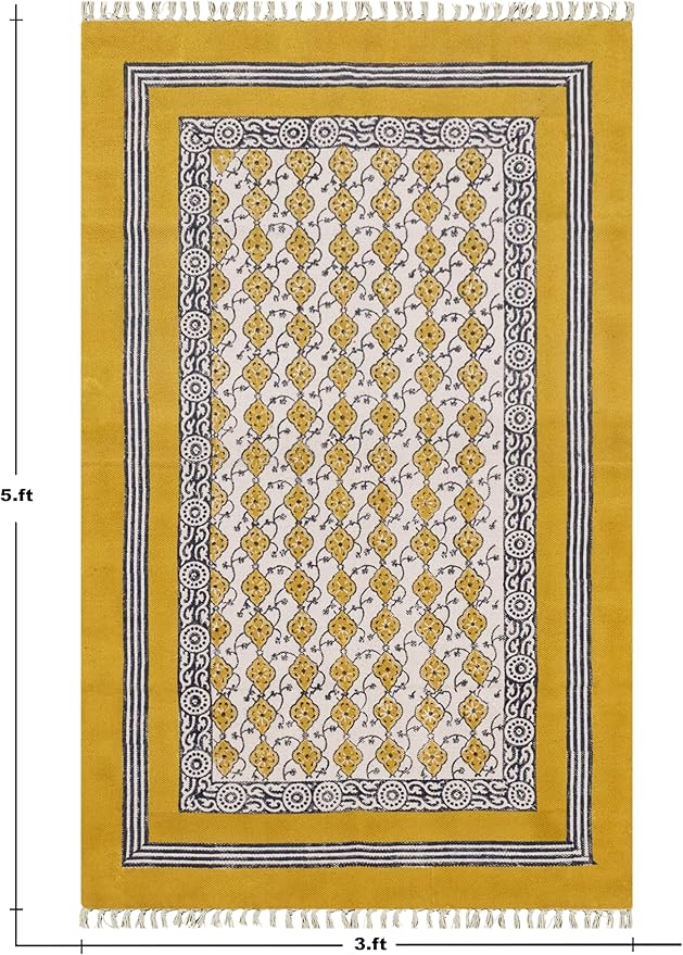 Kilim Area Rugs for 3x5 Feet Floral Design Yellow Beige Hand Block Printed Cotton Rug Handmade Boho Use Flatweave Dhurrie Indoor Outdoor Rugs for Bedside Kitchen Enterway for Home