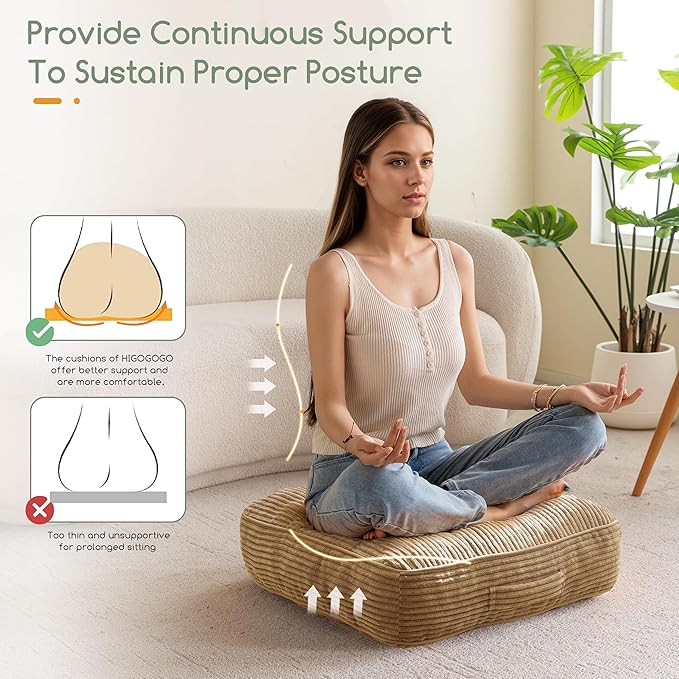 6" Washable Floor Pillow Cushion for Adults, Meditation Cushion Pillow, Large Square Floor Sitting, Removable Tufted Corduroy Cover, for Tatami Living Room or Yoga, 22x22 Inch, 2Pack, Machine Washable